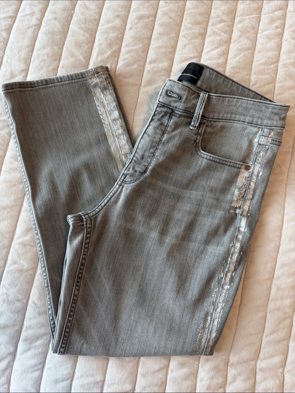 WHBM Women’s Gray High-Rise Straight Jeans with Metallic Paint Detail